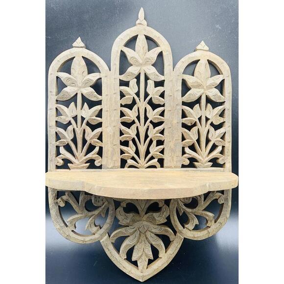 BOHO Wood Hand Carved Leaf Lattice Folding Hinged Wall Shelf India Vintage OOAK - Picture 1 of 11